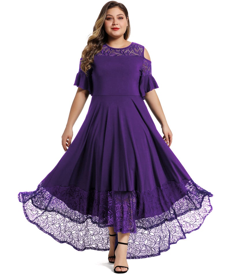 LALAGEN Womens Plus Size Casual Lace Cold Shoulder Long Plain Evening Party Maxi Dress Purple 1X - Image 1